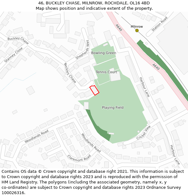 46, BUCKLEY CHASE, MILNROW, ROCHDALE, OL16 4BD: Location map and indicative extent of plot