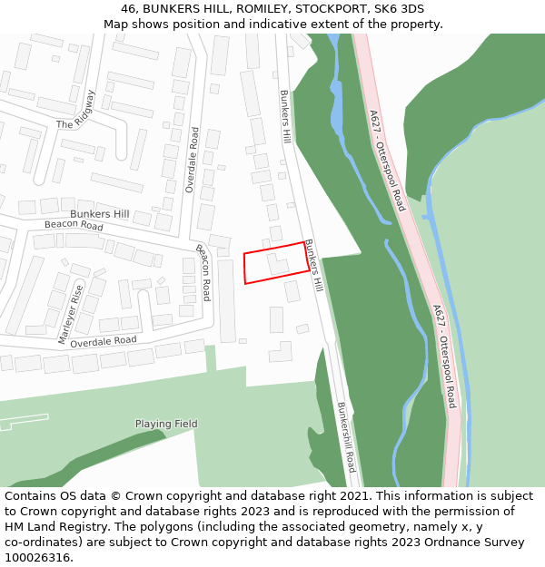46, BUNKERS HILL, ROMILEY, STOCKPORT, SK6 3DS: Location map and indicative extent of plot