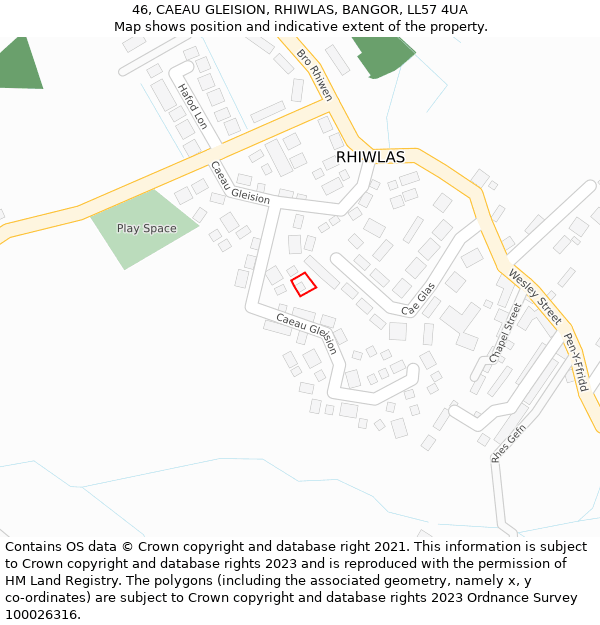 46, CAEAU GLEISION, RHIWLAS, BANGOR, LL57 4UA: Location map and indicative extent of plot