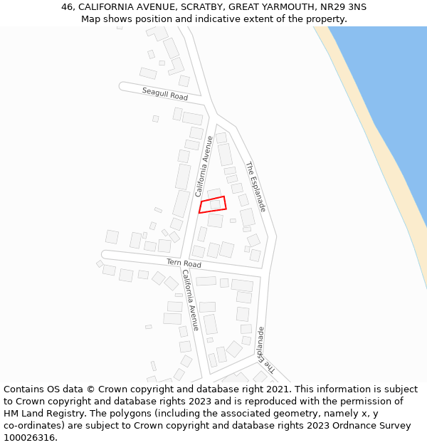 46, CALIFORNIA AVENUE, SCRATBY, GREAT YARMOUTH, NR29 3NS: Location map and indicative extent of plot