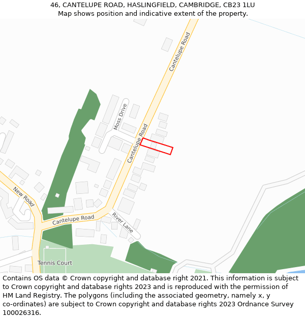 46, CANTELUPE ROAD, HASLINGFIELD, CAMBRIDGE, CB23 1LU: Location map and indicative extent of plot