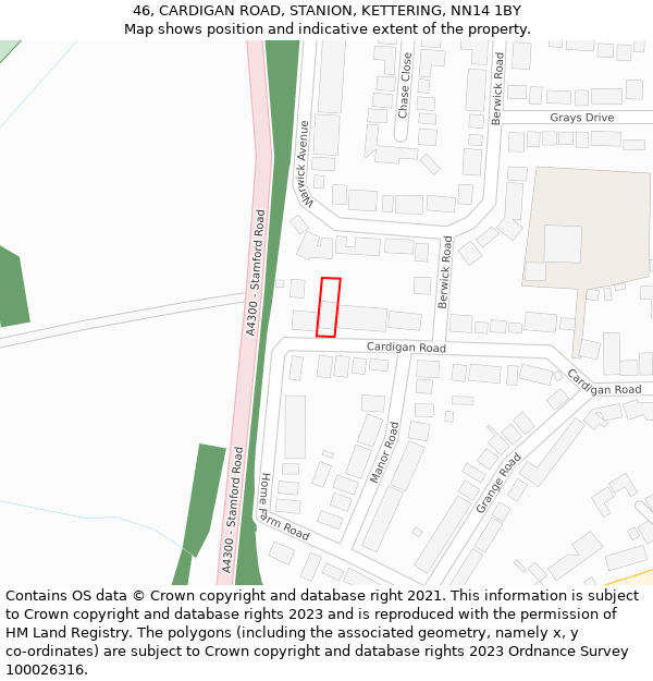 46, CARDIGAN ROAD, STANION, KETTERING, NN14 1BY: Location map and indicative extent of plot