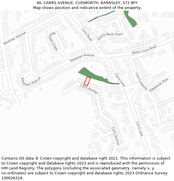 46, CARRS AVENUE, CUDWORTH, BARNSLEY, S72 8FY: Location map and indicative extent of plot