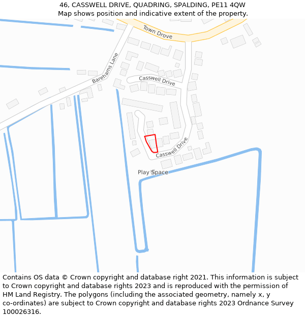 46, CASSWELL DRIVE, QUADRING, SPALDING, PE11 4QW: Location map and indicative extent of plot