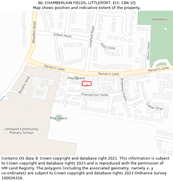 46, CHAMBERLAIN FIELDS, LITTLEPORT, ELY, CB6 1FJ: Location map and indicative extent of plot