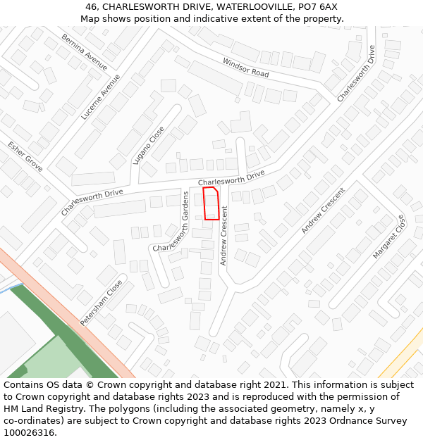 46, CHARLESWORTH DRIVE, WATERLOOVILLE, PO7 6AX: Location map and indicative extent of plot