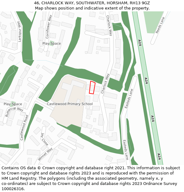 46, CHARLOCK WAY, SOUTHWATER, HORSHAM, RH13 9GZ: Location map and indicative extent of plot