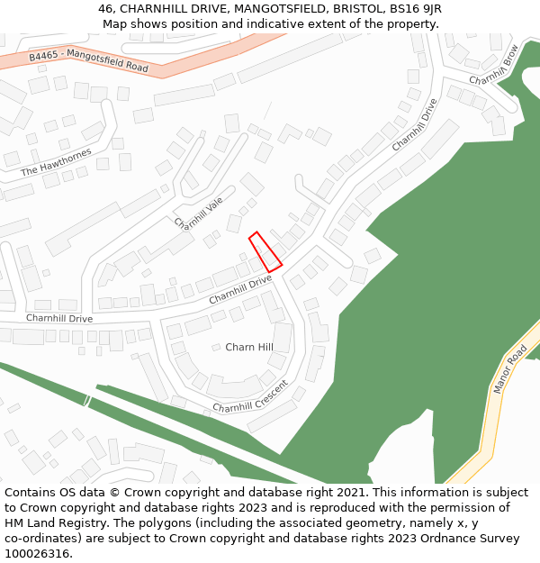 46, CHARNHILL DRIVE, MANGOTSFIELD, BRISTOL, BS16 9JR: Location map and indicative extent of plot