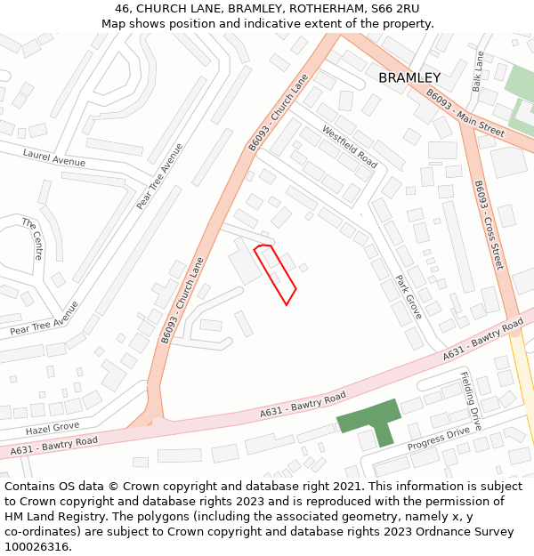 46, CHURCH LANE, BRAMLEY, ROTHERHAM, S66 2RU: Location map and indicative extent of plot