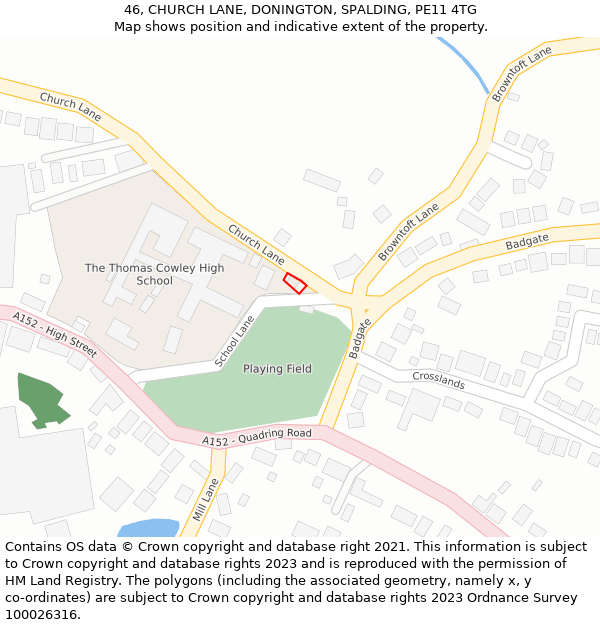 46, CHURCH LANE, DONINGTON, SPALDING, PE11 4TG: Location map and indicative extent of plot