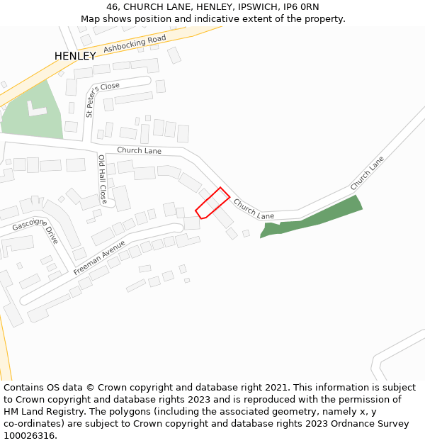 46, CHURCH LANE, HENLEY, IPSWICH, IP6 0RN: Location map and indicative extent of plot