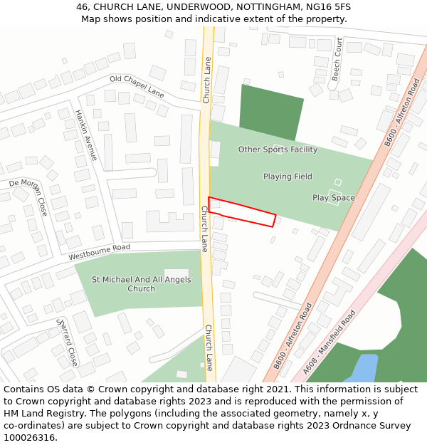 46, CHURCH LANE, UNDERWOOD, NOTTINGHAM, NG16 5FS: Location map and indicative extent of plot