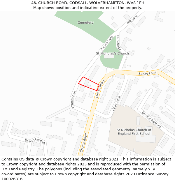 46, CHURCH ROAD, CODSALL, WOLVERHAMPTON, WV8 1EH: Location map and indicative extent of plot