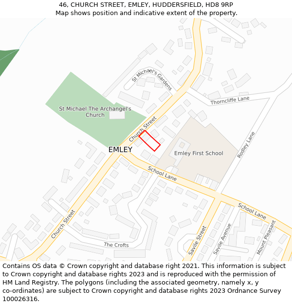 46, CHURCH STREET, EMLEY, HUDDERSFIELD, HD8 9RP: Location map and indicative extent of plot