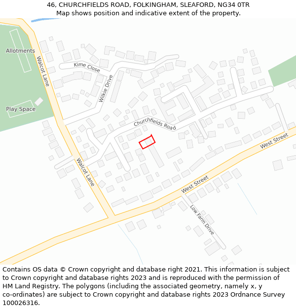 46, CHURCHFIELDS ROAD, FOLKINGHAM, SLEAFORD, NG34 0TR: Location map and indicative extent of plot