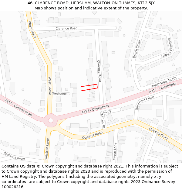 46, CLARENCE ROAD, HERSHAM, WALTON-ON-THAMES, KT12 5JY: Location map and indicative extent of plot