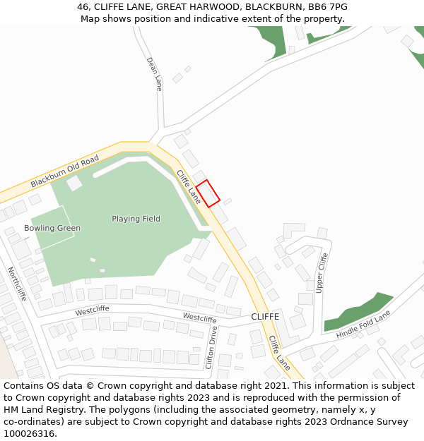 46, CLIFFE LANE, GREAT HARWOOD, BLACKBURN, BB6 7PG: Location map and indicative extent of plot