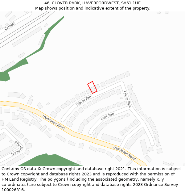 46, CLOVER PARK, HAVERFORDWEST, SA61 1UE: Location map and indicative extent of plot