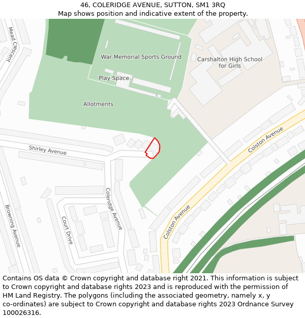 46, COLERIDGE AVENUE, SUTTON, SM1 3RQ: Location map and indicative extent of plot