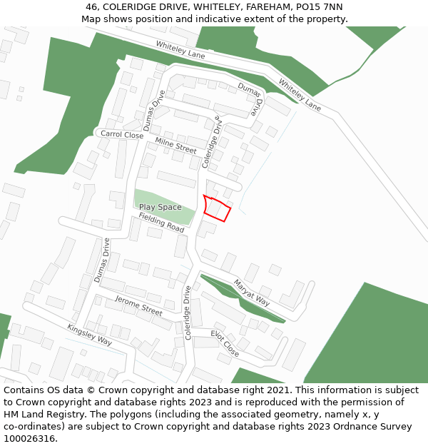 46, COLERIDGE DRIVE, WHITELEY, FAREHAM, PO15 7NN: Location map and indicative extent of plot