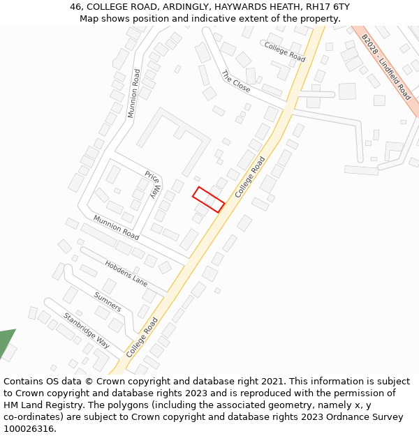 46, COLLEGE ROAD, ARDINGLY, HAYWARDS HEATH, RH17 6TY: Location map and indicative extent of plot