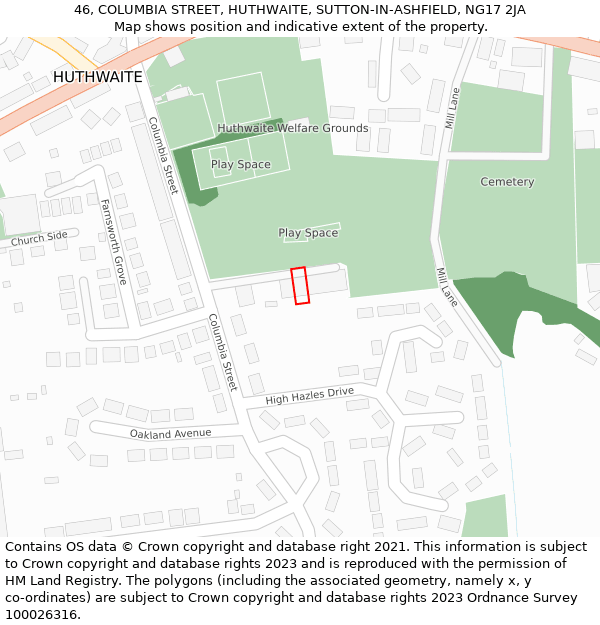 46, COLUMBIA STREET, HUTHWAITE, SUTTON-IN-ASHFIELD, NG17 2JA: Location map and indicative extent of plot