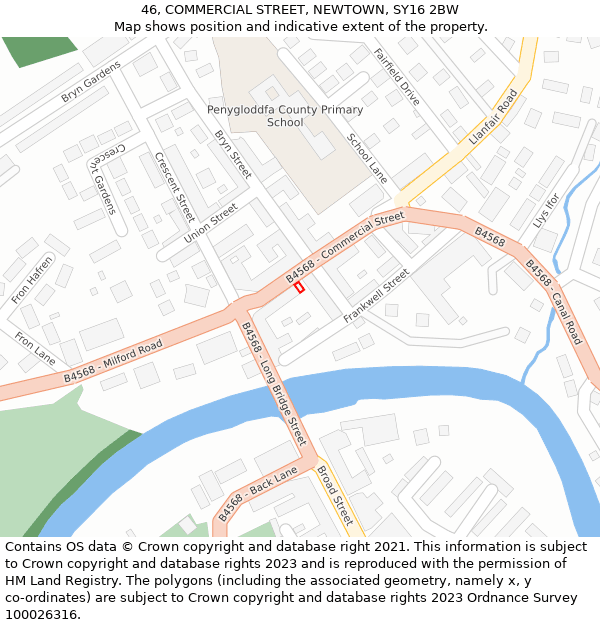 46, COMMERCIAL STREET, NEWTOWN, SY16 2BW: Location map and indicative extent of plot