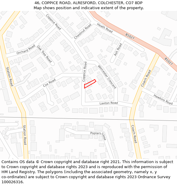 46, COPPICE ROAD, ALRESFORD, COLCHESTER, CO7 8DP: Location map and indicative extent of plot