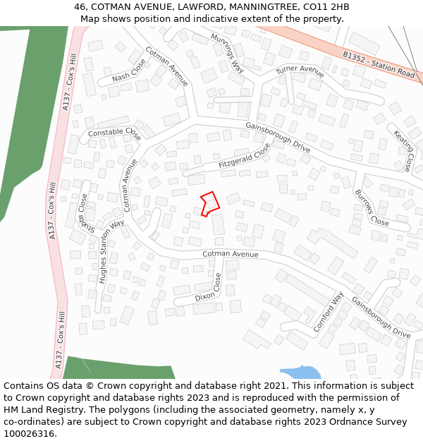 46, COTMAN AVENUE, LAWFORD, MANNINGTREE, CO11 2HB: Location map and indicative extent of plot