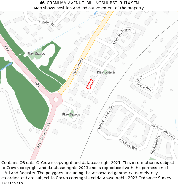 46, CRANHAM AVENUE, BILLINGSHURST, RH14 9EN: Location map and indicative extent of plot