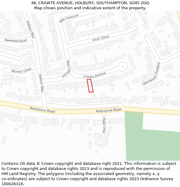 46, CRAWTE AVENUE, HOLBURY, SOUTHAMPTON, SO45 2GQ: Location map and indicative extent of plot