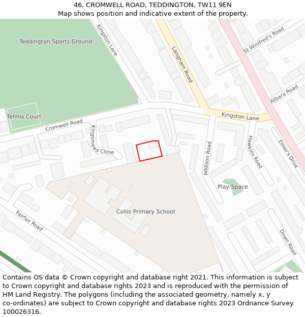 46, CROMWELL ROAD, TEDDINGTON, TW11 9EN: Location map and indicative extent of plot