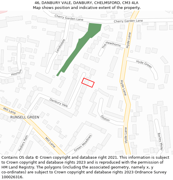 46, DANBURY VALE, DANBURY, CHELMSFORD, CM3 4LA: Location map and indicative extent of plot