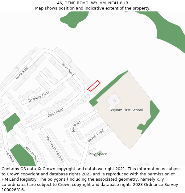 46, DENE ROAD, WYLAM, NE41 8HB: Location map and indicative extent of plot