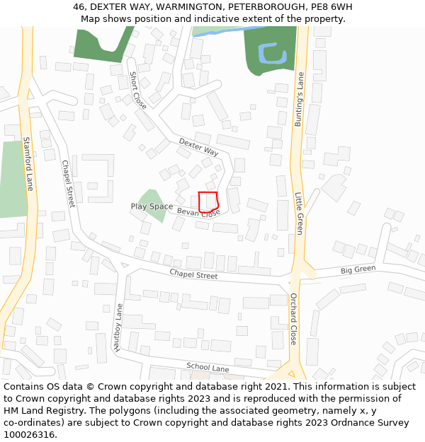 46, DEXTER WAY, WARMINGTON, PETERBOROUGH, PE8 6WH: Location map and indicative extent of plot