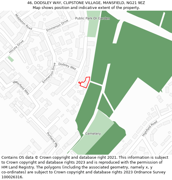 46, DODSLEY WAY, CLIPSTONE VILLAGE, MANSFIELD, NG21 9EZ: Location map and indicative extent of plot