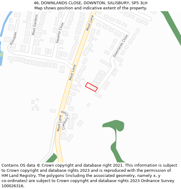 46, DOWNLANDS CLOSE, DOWNTON, SALISBURY, SP5 3LH: Location map and indicative extent of plot