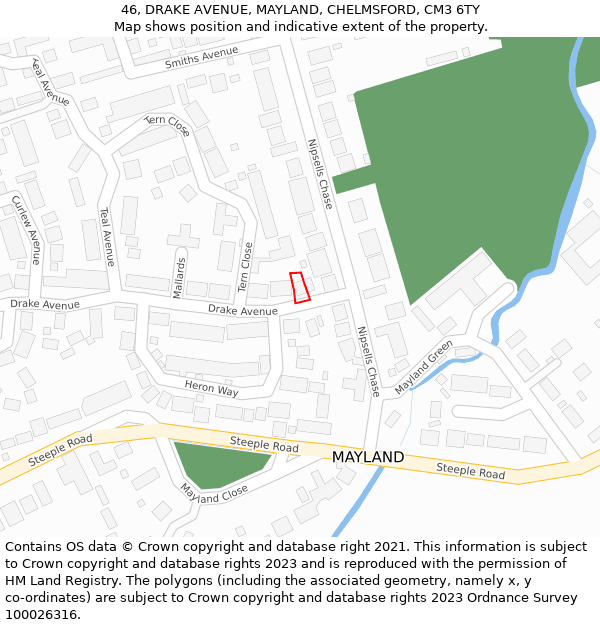 46, DRAKE AVENUE, MAYLAND, CHELMSFORD, CM3 6TY: Location map and indicative extent of plot