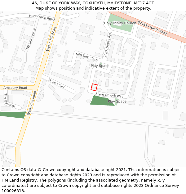 46, DUKE OF YORK WAY, COXHEATH, MAIDSTONE, ME17 4GT: Location map and indicative extent of plot