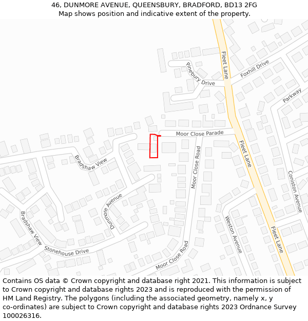 46, DUNMORE AVENUE, QUEENSBURY, BRADFORD, BD13 2FG: Location map and indicative extent of plot