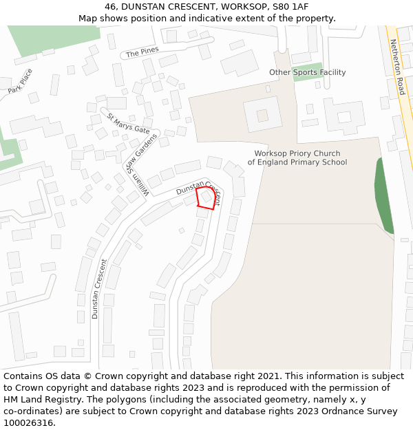 46, DUNSTAN CRESCENT, WORKSOP, S80 1AF: Location map and indicative extent of plot