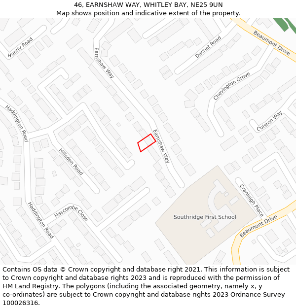 46, EARNSHAW WAY, WHITLEY BAY, NE25 9UN: Location map and indicative extent of plot