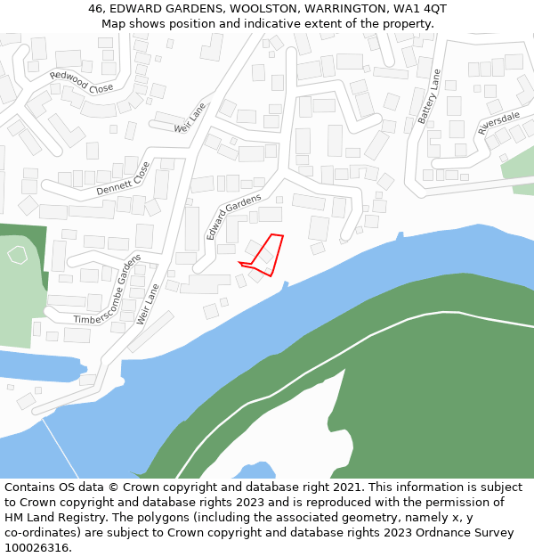 46, EDWARD GARDENS, WOOLSTON, WARRINGTON, WA1 4QT: Location map and indicative extent of plot