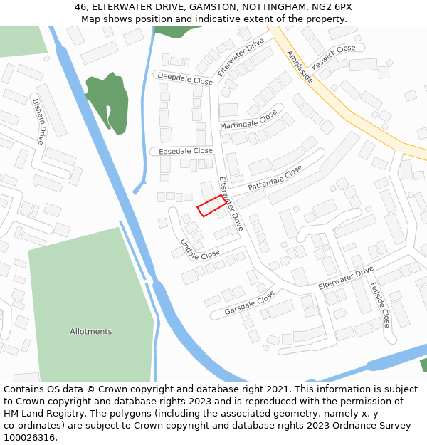 46, ELTERWATER DRIVE, GAMSTON, NOTTINGHAM, NG2 6PX: Location map and indicative extent of plot