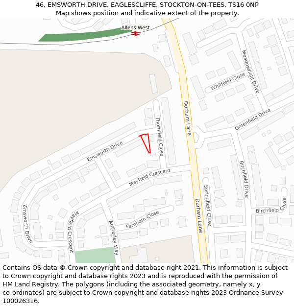 46, EMSWORTH DRIVE, EAGLESCLIFFE, STOCKTON-ON-TEES, TS16 0NP: Location map and indicative extent of plot