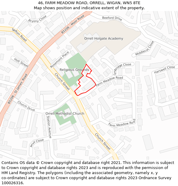46, FARM MEADOW ROAD, ORRELL, WIGAN, WN5 8TE: Location map and indicative extent of plot