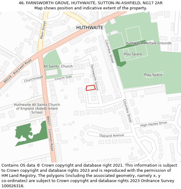 46, FARNSWORTH GROVE, HUTHWAITE, SUTTON-IN-ASHFIELD, NG17 2AR: Location map and indicative extent of plot