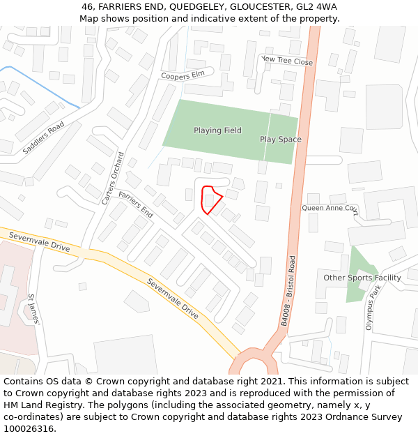 46, FARRIERS END, QUEDGELEY, GLOUCESTER, GL2 4WA: Location map and indicative extent of plot