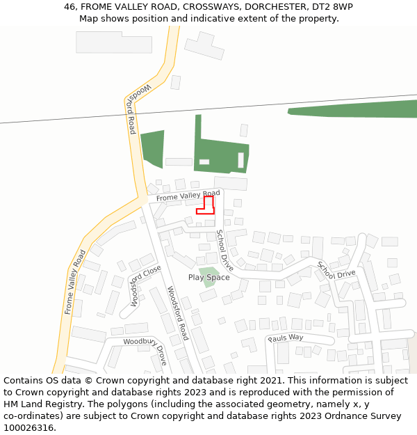 46, FROME VALLEY ROAD, CROSSWAYS, DORCHESTER, DT2 8WP: Location map and indicative extent of plot