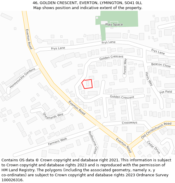 46, GOLDEN CRESCENT, EVERTON, LYMINGTON, SO41 0LL: Location map and indicative extent of plot